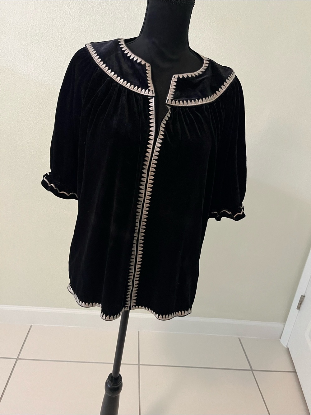 THML Black Velvet Short Sleeve Embroidered Blouse